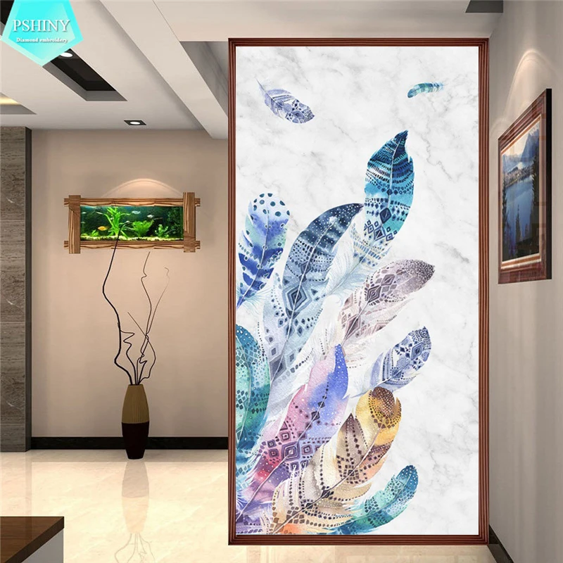 

PSHINY 5D DIY Diamond painting colorful feather abstract Pictures with full display Square rhinestones Diamond embroidery sale