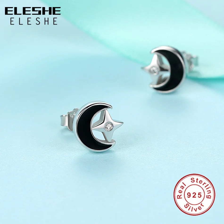 ELESHE Romantic Black Enamel Moon Star 925 Sterling Silver Stud Earrings for Women Vintage Jewelry Accessories Party Gift