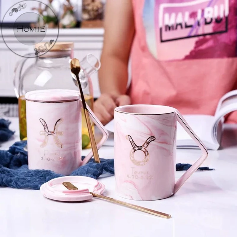 HOMIE Luxury 12 constellation marble cup With lid and spoon Ceramic Coffee Mug 450ml Animal Mugs creative Drinkware Tea milk Cup Newlywed couple gift03