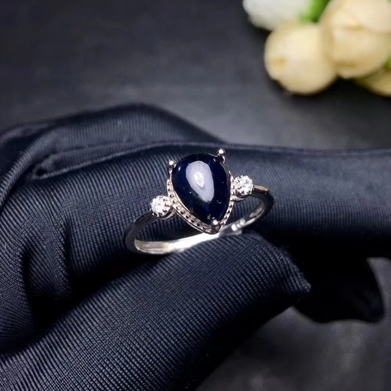 Модная изящная капли воды Натуральный Черный Звездный сапфир кольцо S925 серебро натуральное Драгоценное кольцо с драгоценным камнем Для женщин Нарядная, для девочек, подарок, ювелирное изделие
