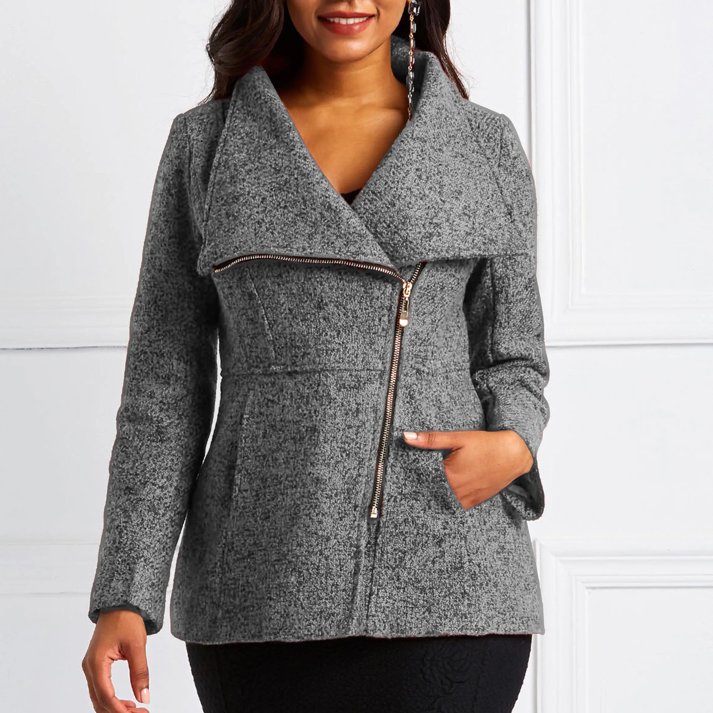 

Winter Gray Office Ladies Casual Wool Elegant Jackets Women Coats Slim Lapel Zipper Pocket Autumn Female Fashion Overcoats
