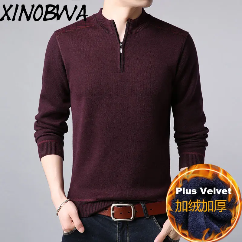 Мужской вязаный свитер с V-образным вырезом длинным рукавом и флисовой