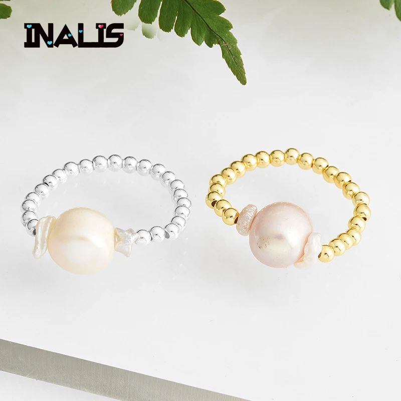 

INALIS New Fashion S925 Sterling Silver Ring with Gold Color Beads Natural Fresh Water Pearl Finger Accessories Fine Jewelry