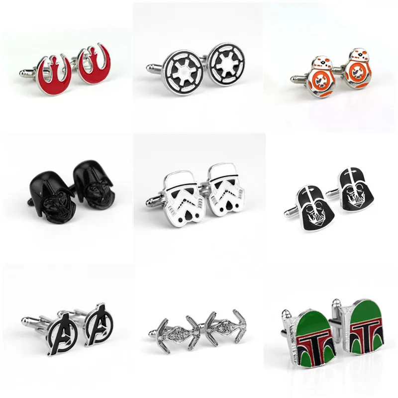 

Movie Star Wars Cuff Links Buttons Falcon Darth Vader BB8 R2D2 Fighter Knight Tie Clips The Avengers Cufflinks Men Jewelry Gift