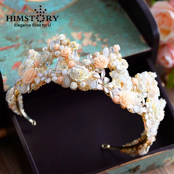 

Himstory Handmade European Retro Baroque Floral Brides Tiara Crown Pearls Crystal Hairbands Wedding Hair Accessories