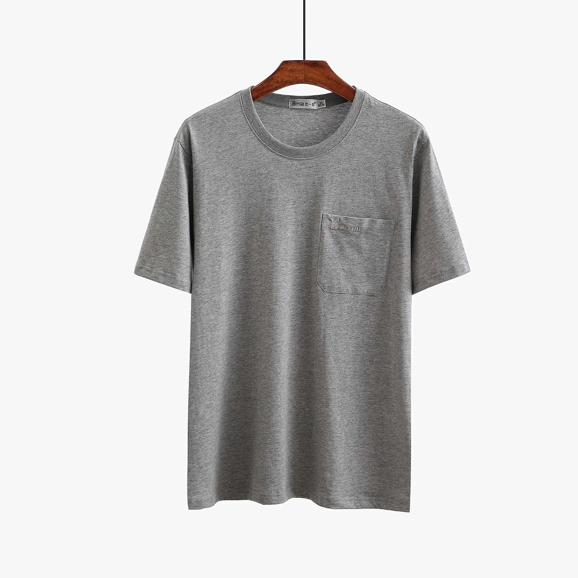 Pocket T-shirts Men Quality Cotton T-shirts Summer Male Tees Casual T-shirt O-neck Short Sleeve XXXL Tshirt Mid Aged Mens Tmall - Цвет: grey