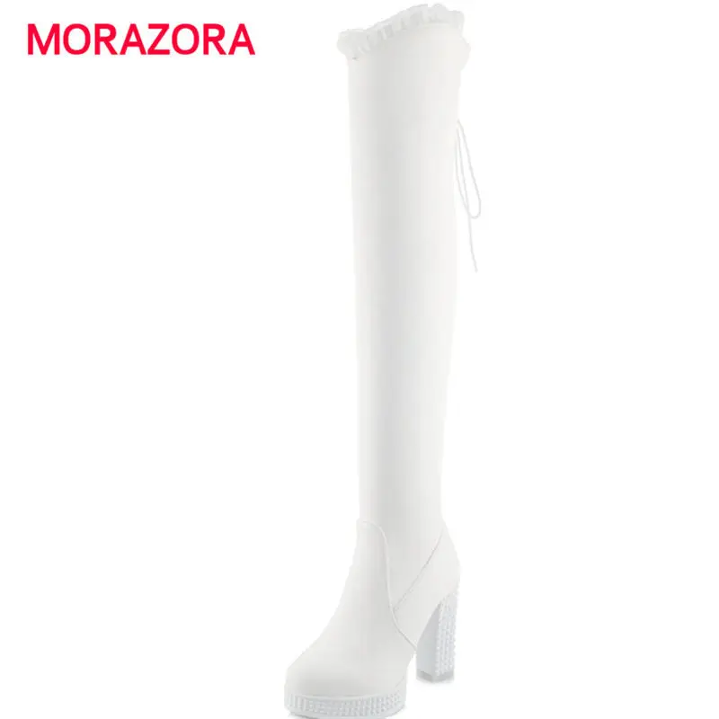 

MORAZORA big size autumn winter round toe square heel women boots super high heel platform boots slip on over the knee boots