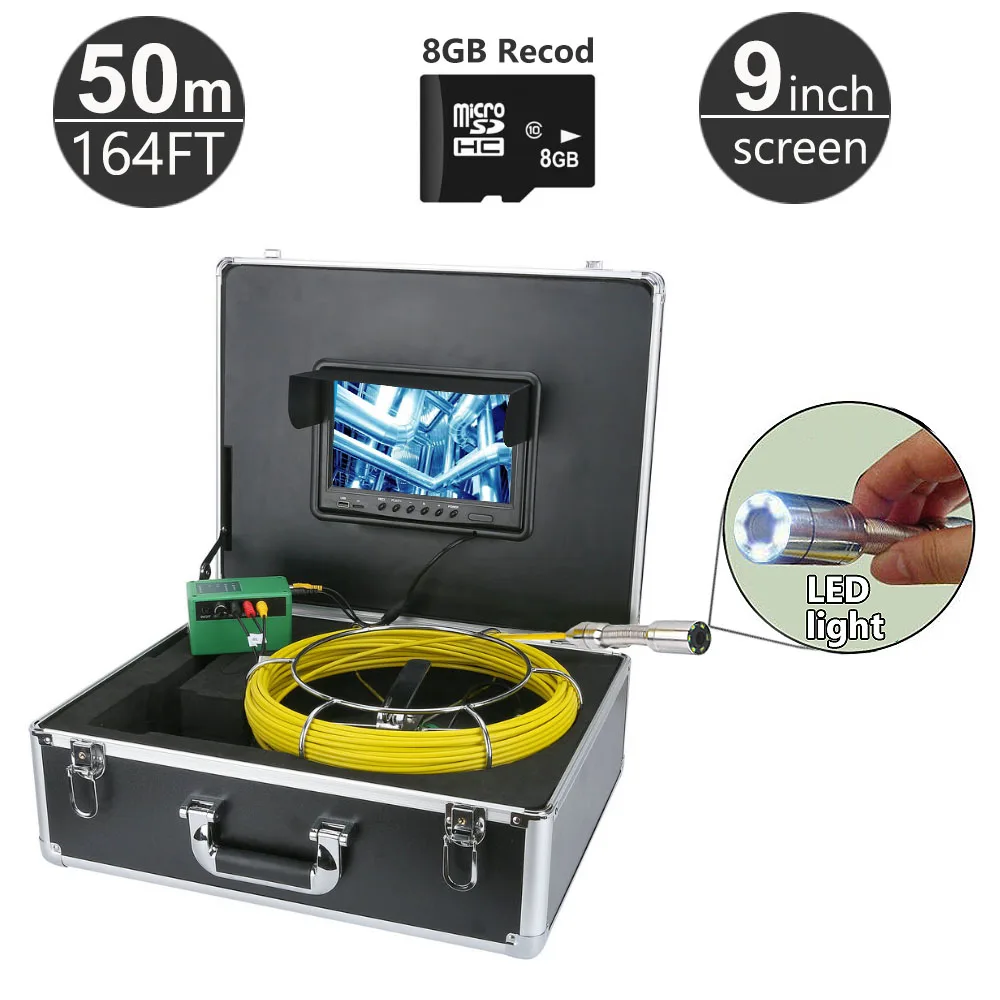 50M/164ft Sewer Pipe Inspection Camera System 9" Monitor 1000TVL Snake