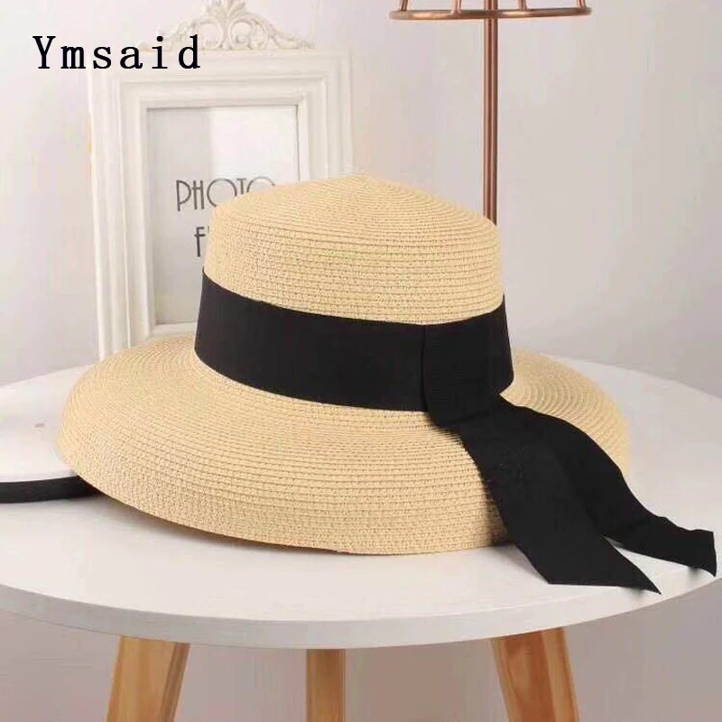 Ymsaid Women's Sun Hat Summer Beach Straw Hat Women Boater With Ribbon Tie For Vacation Holiday Audrey Hepburn