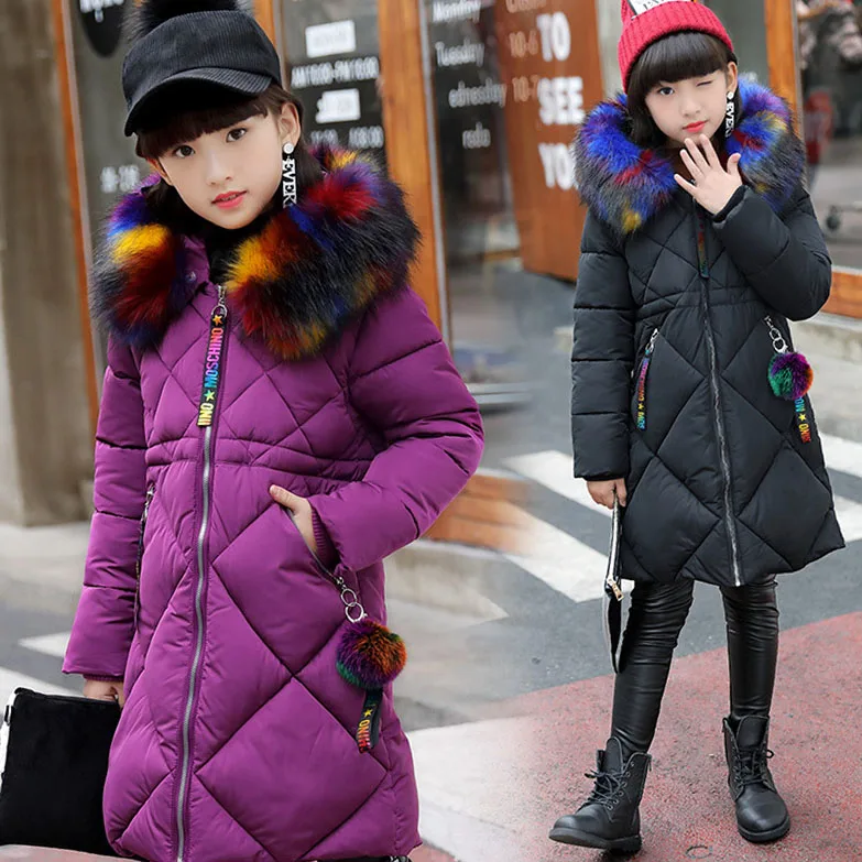 30 градусов, зимний жакет с хлопковой подкладкой для девочек, верхняя одежда и пальто теплое детей одежда модная разноцветная меховой воротник детская куртка 4-14 лет