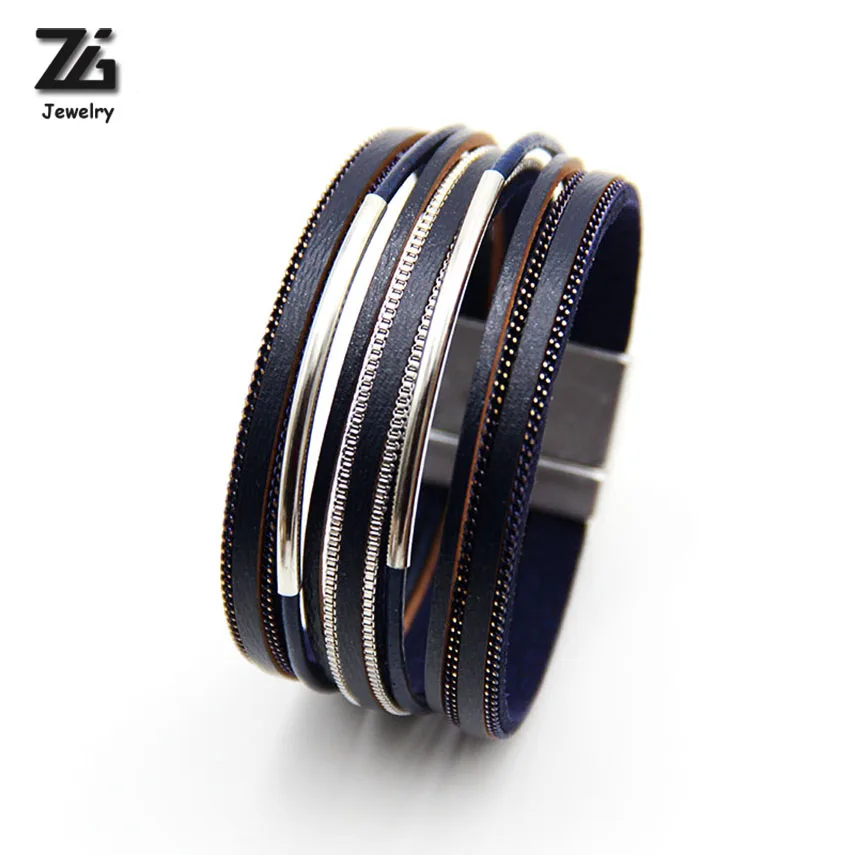 

ZG Woman Multilayer Leather Bracelet Female Men femme Metal Bar Charm Braided Rope Bracelets & Bangles For Women Jewelry