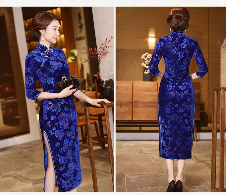 Sheng Coco Восточное бархатное платье Чонсам с китайским принтом Qipao элегантное эластичное бархатное платье-корсет Классический Qipao Китай 4XL