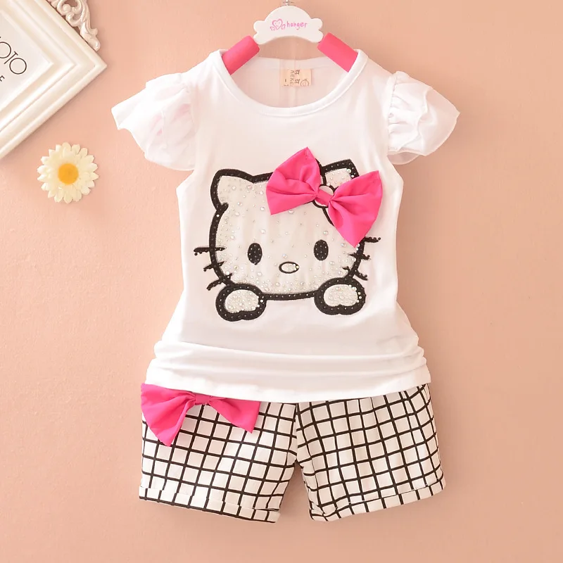 2015 Summer Hello kitty baby girls clothing set, t shirt + plaid shorts