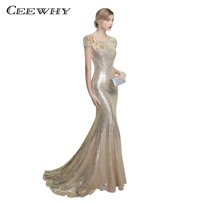CEEWHY Short Sleeve Sequined Mermaid Gown Evening Dress Long Party Elegant Vestido De Festa Backless Prom Dress Court Train