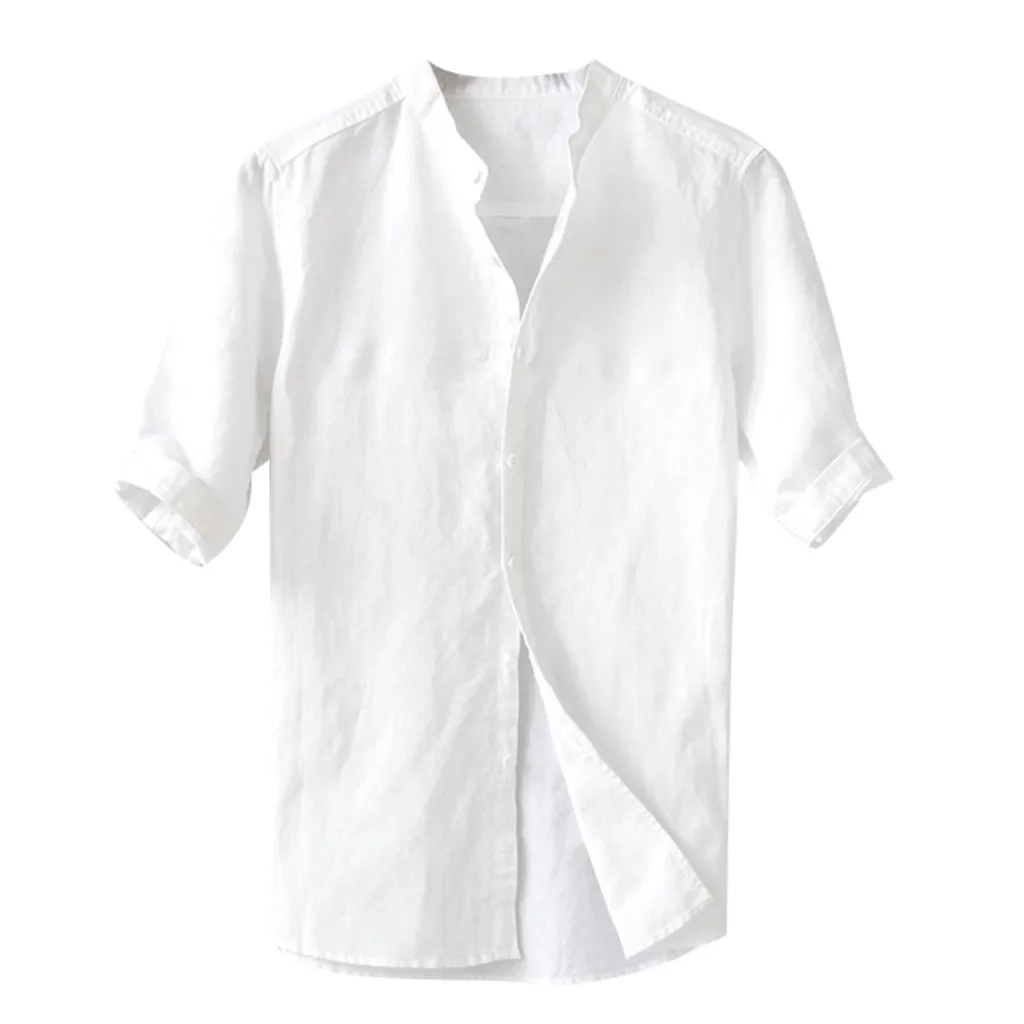 Мужские Прочный мягкий хлопок льняные повседневные рубашки летняя мода пятиконечные рукава рубашки мужские свободные рубашки футболки одежда Топ M-3XL - Цвет: Белый