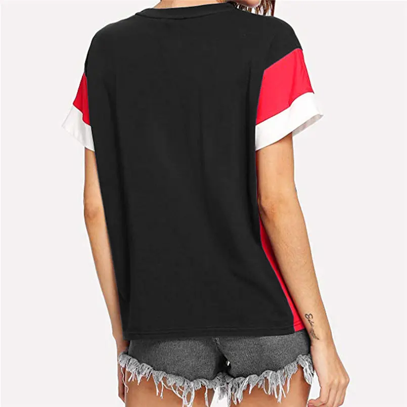 Summer Women Loose Color Block Blouse Short Sleeve Casual Tee Fashion Women Girls Clothes Camisetas Mujer 35DE25 (2)