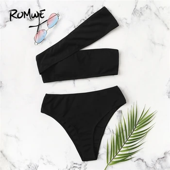 Romwe спортивный черный один плечо ребристый комплект с бикини; лето бикини без косточек и с высоким вырезом плавательный низ женские пляжные ...