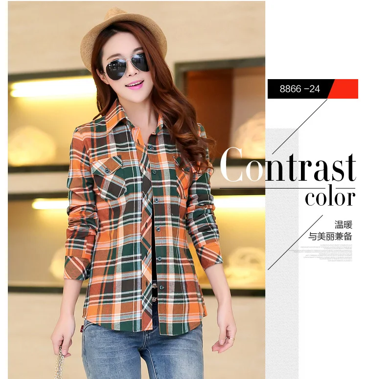 Blusa xadrez de flanela feminina, camisa casual