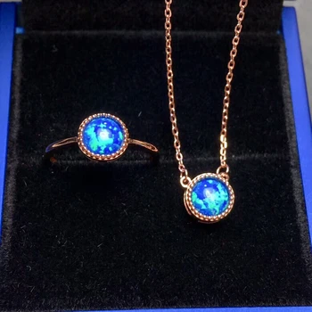 

MeiBaPJ Natural Blue Opal Gemstone Simple Ring and Necklace 2 Siut for Women Real 925 Sterling Silver Fine Jewelry Set