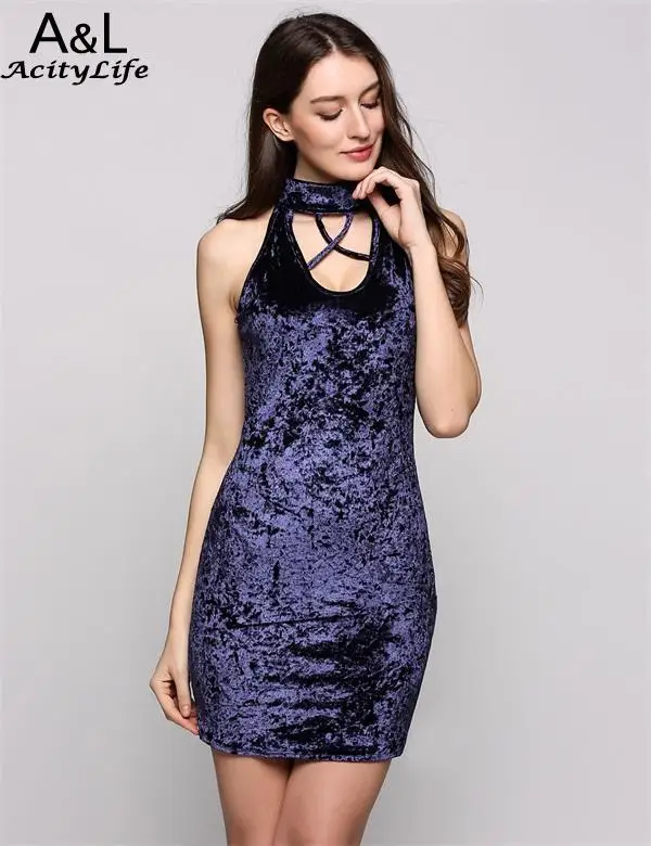 Lacing Halter Collar Sleeveless Cut Out Velvet Solid Pencil Party Dress | Женская одежда