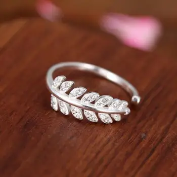 

New 925 Sterling Silver Crystal Leaf Rings For Women Fashion sterling-silver-jewelry Engagement Ring Adjustable Size