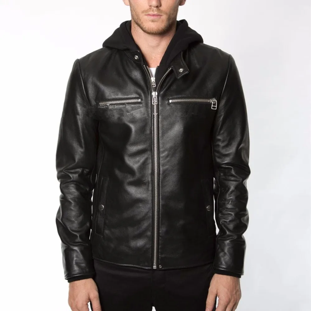men's fashion hood genuine leather jacket Hat Detachable casual leather