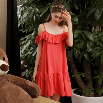 

Summer New Sexy Cute Summer Short Sleeved Nightgown Solid Red Spaghetti Strap Lingerie Dress Nighty Princess Skirt Sleep Wear