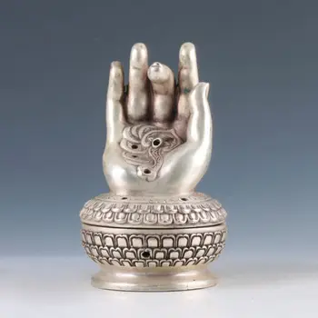 

chinese old copper plating silver Hand Carved Hand & Lotus Incense Burner
