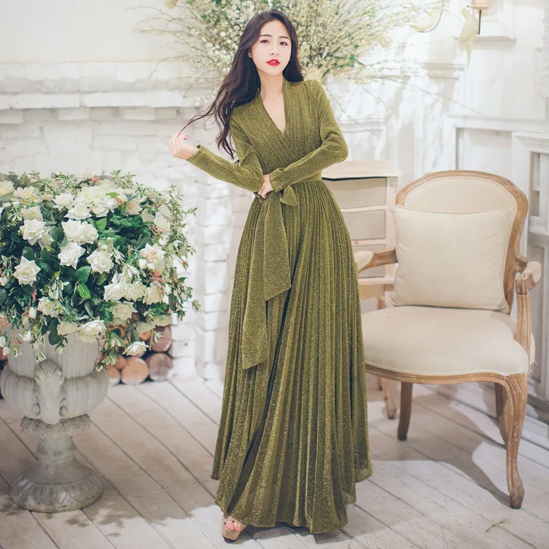 

2018 New Spring Fashion Ultra Long Ladies Dresses V-neck Slim Waist Vintage Elegant Dress Solid Color Female Ankle-length Dress