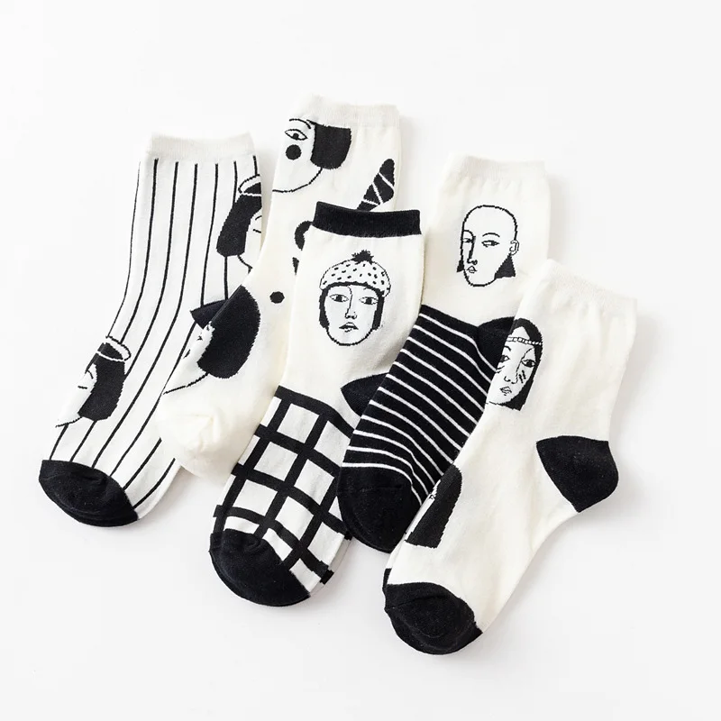 SUNJINACRO/5 пар, один комплект, женские забавные носки, корейский стиль, Janpan, модные носки с героями мультфильмов, белые, черные, в полоску, носки для скейтборда - Цвет: Черный