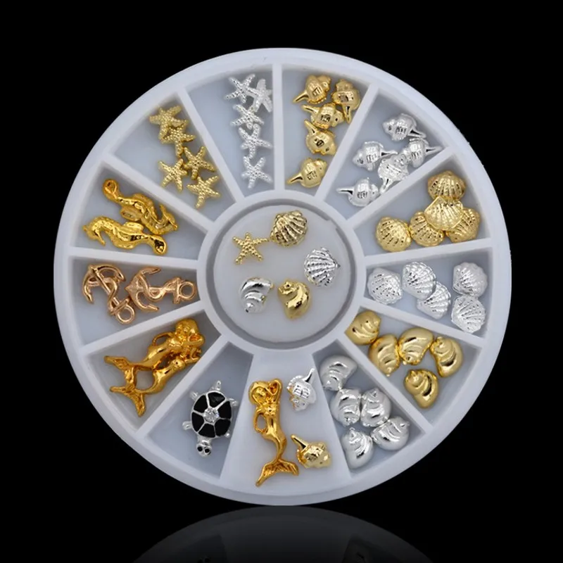 

1 Wheel Gold Silver Nail Studs Metal Sea Shell Starfish Turtle Anchor Mixed Ocean 3D Nails Art Decorations Manicure Tips Jewelry