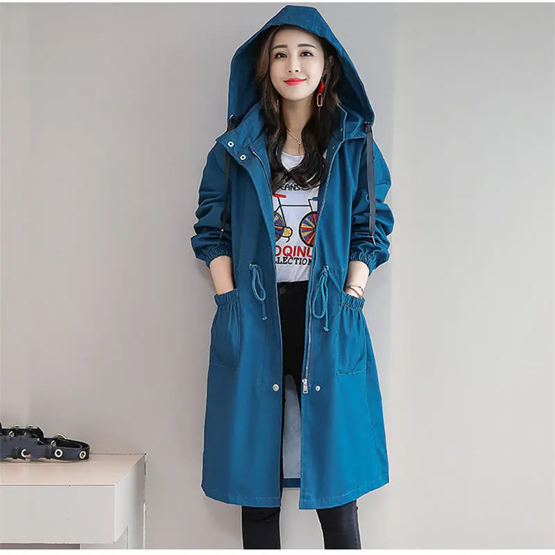 

Slim Windbreaker Female Long Section 2019 Spring And Autumn New Korean Casual Loose Hooded Temperament Wild Trench Coat f1340
