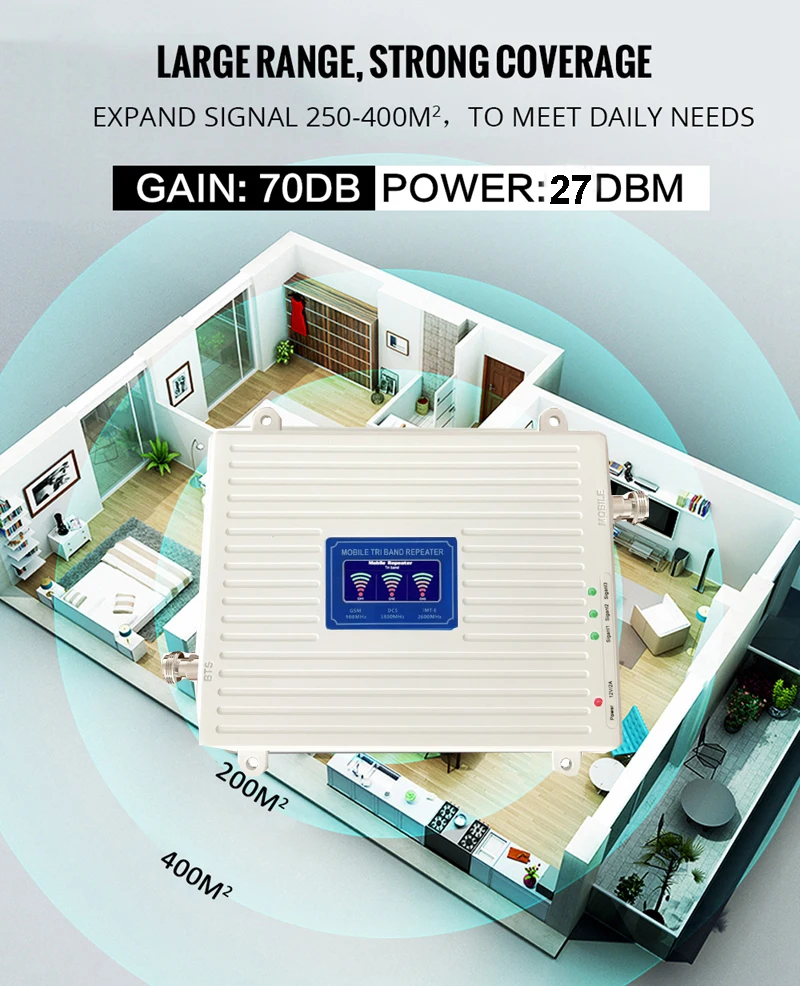 GSM 900 DCSLTE 1800 FDD LTE 2600 2G 3G 4G Triple Band Mobile Signal Repeater 70dB Gain 23dBm Signal Booster Cellular Amplifier (17)