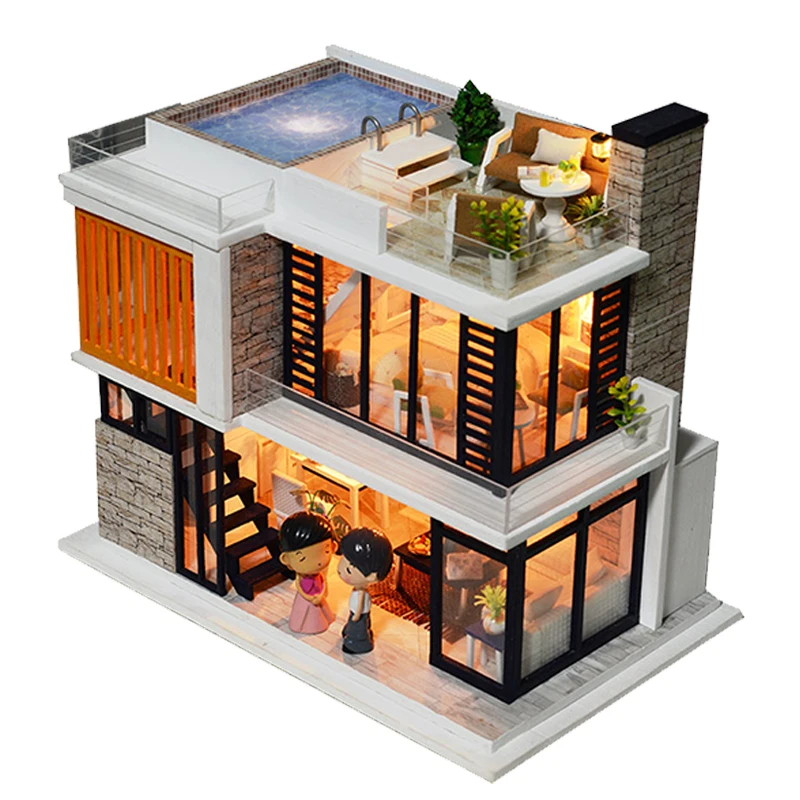 Acquista Casa Delle Bambole Fai Da Te Miniature In Legno Miniaturas Mobili Case Delle Bambole Piscina Edificio Villa Kit Giocattoli Bambini Regali Di