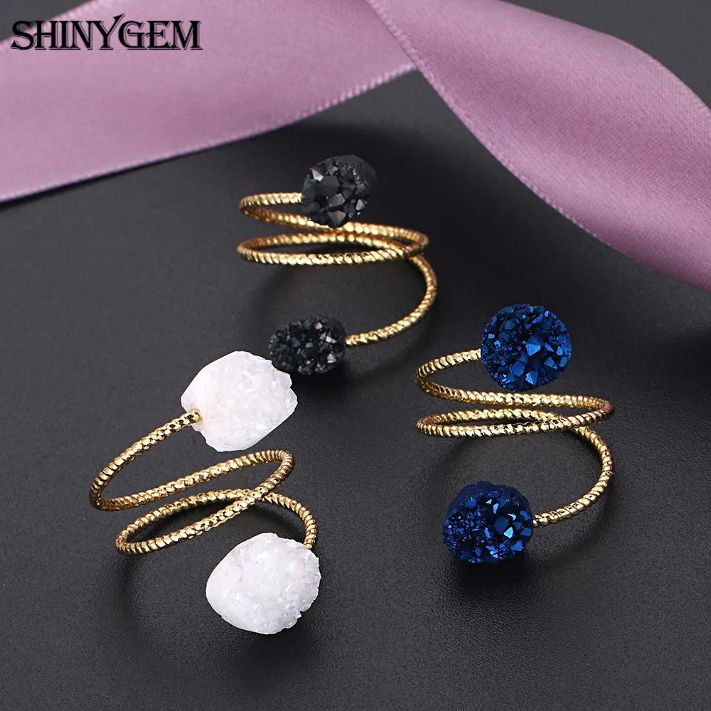 5Pcs Trendy Natural Double Stone Crystal Jewelry 24k Gold Plating Wire Wrapped Sparkly AB Titanium Druzy Ring For Women