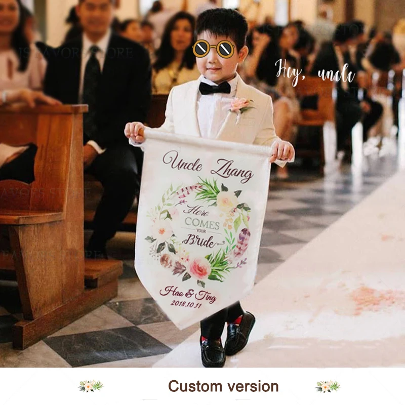 

Free shipping 2pcs custom Flower girl guide banner wedding appearance props Here comes the bride