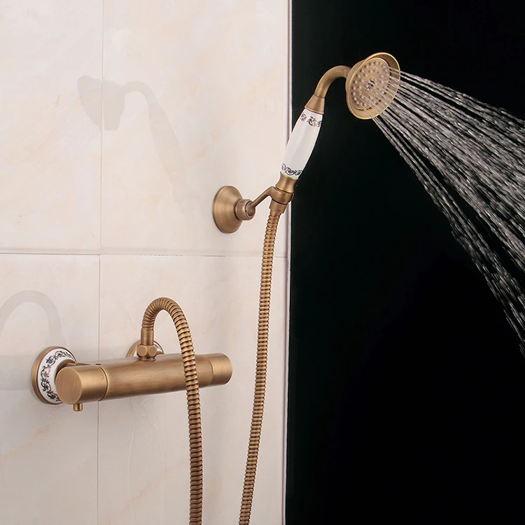 

Antique Bronze Bath Shower Set Wall Mount Thermostatic Faucet Shower Mixer Valve Telephone Style Hand Shower With Ceramic