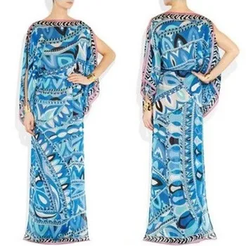 

Spring Blue Printed Slash neck Stretch Jersey Max Dress