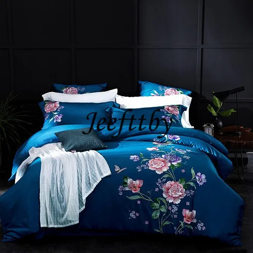 

60SEgyptian Cotton Embroidery Silk Luxury Royal Bedding Set 4/6pcs King Queen Size Wedding Bed Sheet Set Duvet Cover Pillowcases