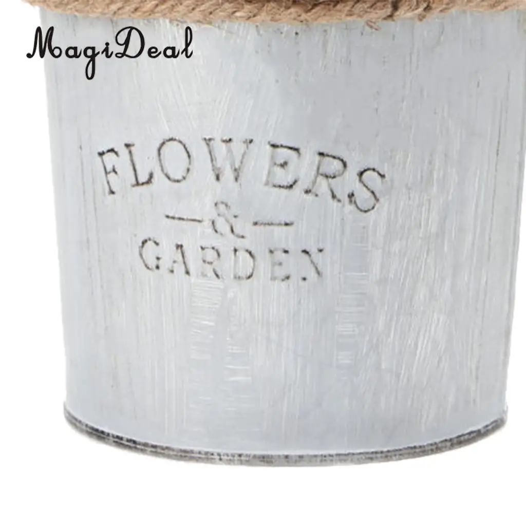 2pcs Round Galvanized Metal Buckets Plants Flower Decorative Vases with Rope