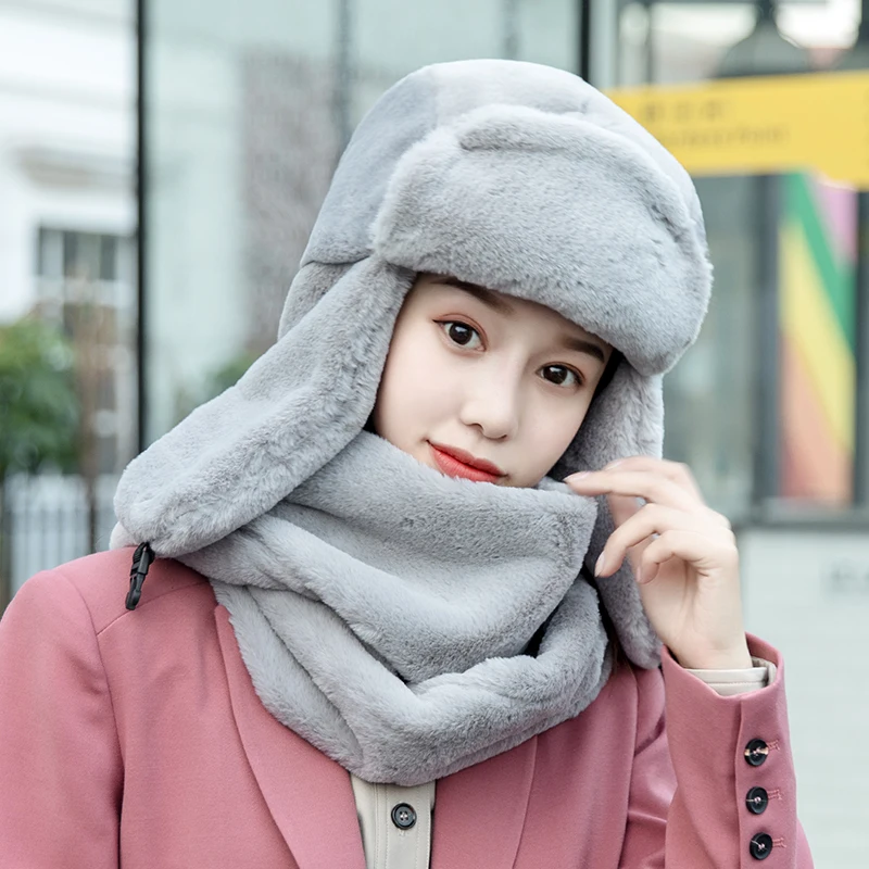 

Girl Bomber Hat Women Winter Ear Protection Cold Proof Thickening Pure Color Cap Female Lady Cycling Hats Soft Scarf Set H7287