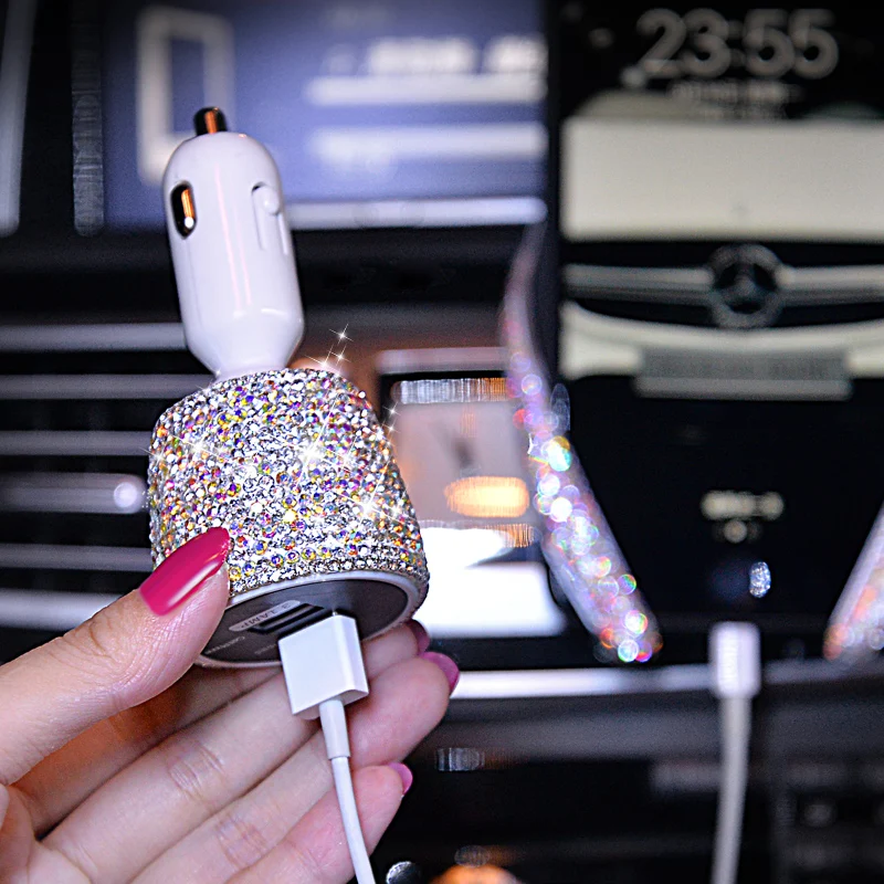 Crystal Diamond USB Car Charger For Mobile Phone Charger Car-Charger Dual USB Car Phone Charger Data Line Wire in Car Ornaments