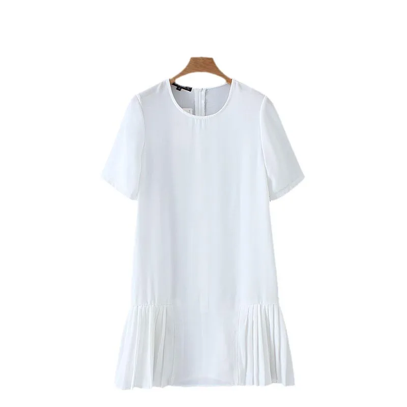

QZ1907 New Fashion O Neck Short Sleeve White Dress Women Bottom Pleated Dresses Vestidos