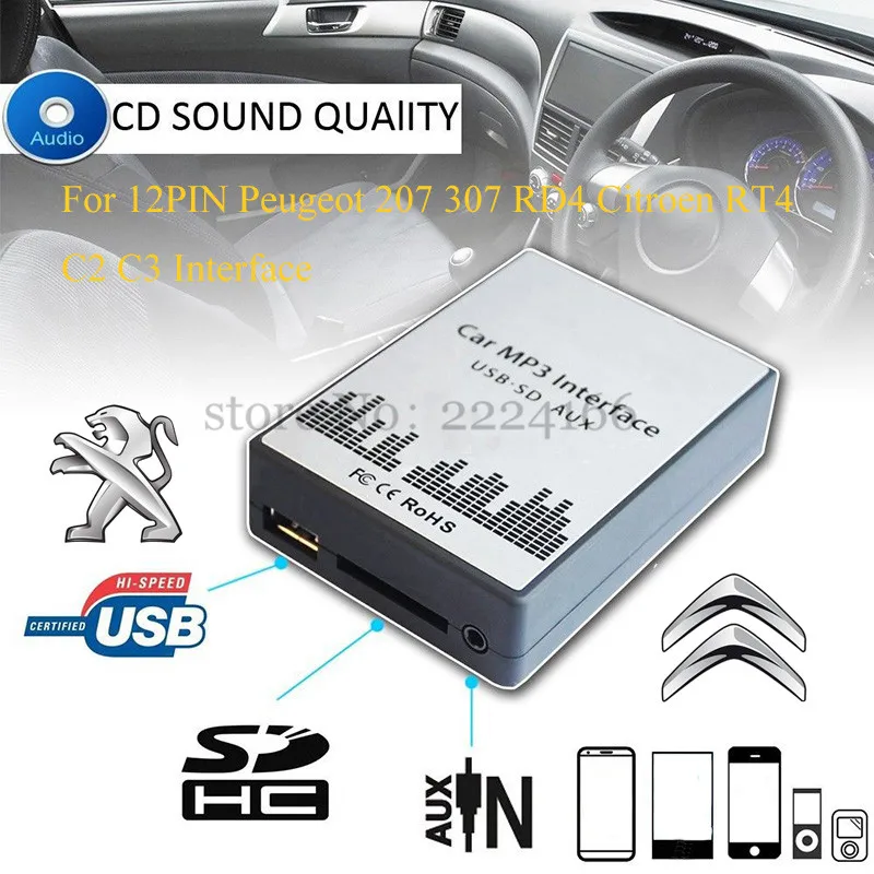 

USB SD AUX car MP3 music player Adapters CD machine change For Peugeot 207 307 607 807 RD4 Citroen RT4 C2 C3 C4 12PIN Interface