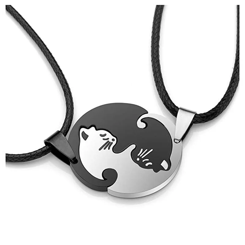 2Pcs Cat Couple Lover Pendant Stainless Steel Pet Puzzle Matching Necklace