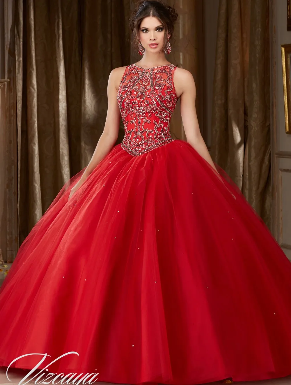 Vestidos de 15 Anos con cuentas de tul vestido de fiesta rojo Vestidos