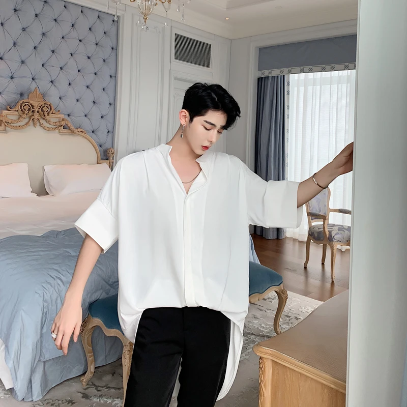 

MIXCUBIC 2019 spring summer korean style retro Standing collar shirts men casual loose Drape shirts for men
