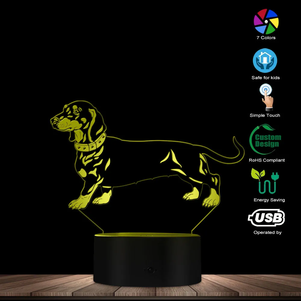 Такса форма дизайн 3D Оптическая иллюзия ночник животное домашнее животное щенок колбаса Настольная лампа с собакой Wiener-собака сон