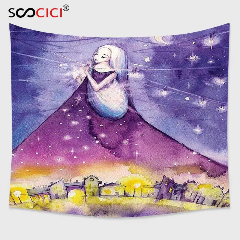 

Cutom Tapestry Wall Hanging,Girly Decor Fictional Lady Stands in the Sky and Arrange the Stars Angel Fantasy Deity Symbol Print