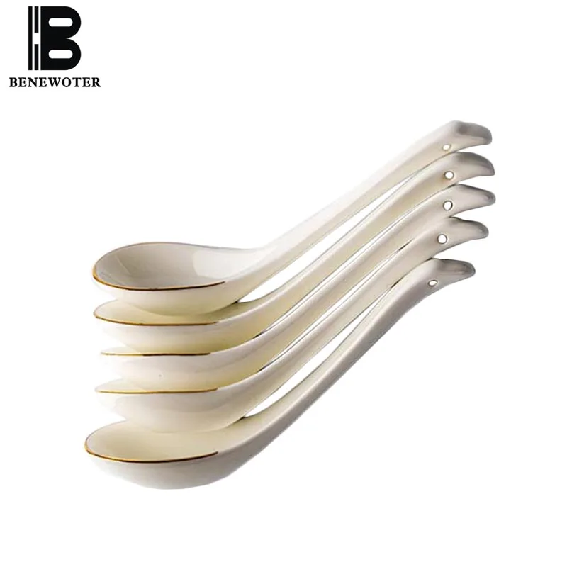 2PCS/Lot Creative Ceramic Bone China Long Soup Spoon Home Tableware Platinum Gold Small Scoops